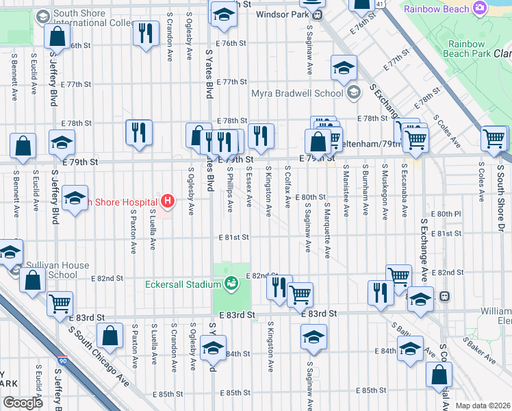 map of restaurants, bars, coffee shops, grocery stores, and more near 8014 South Essex Avenue in Chicago