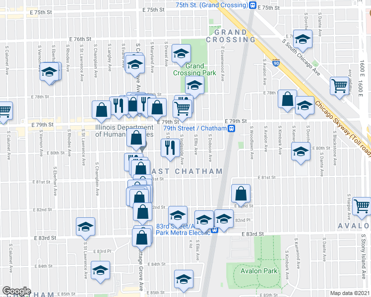 map of restaurants, bars, coffee shops, grocery stores, and more near 914 East 80th Street in Chicago