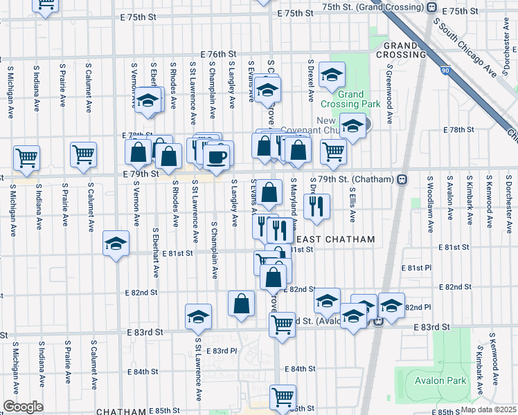 map of restaurants, bars, coffee shops, grocery stores, and more near 742 East 80th Street in Chicago