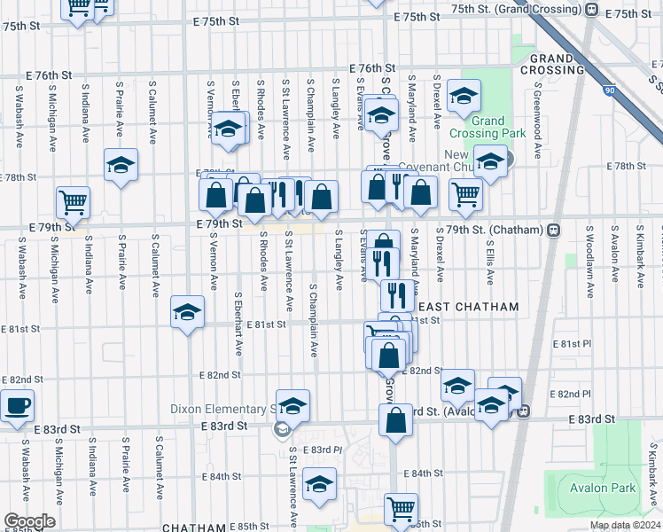 map of restaurants, bars, coffee shops, grocery stores, and more near 704 East 80th Street in Chicago