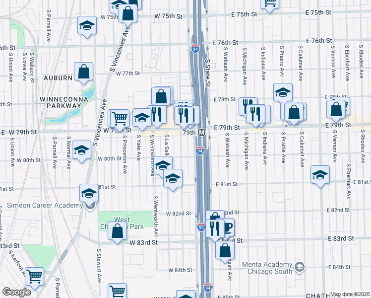 map of restaurants, bars, coffee shops, grocery stores, and more near 7943 South Perry Avenue in Chicago