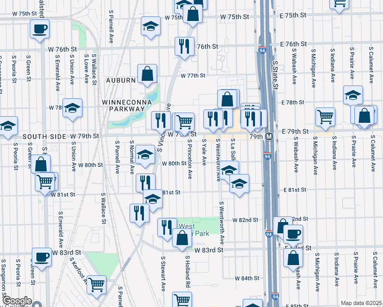 map of restaurants, bars, coffee shops, grocery stores, and more near 7945 South Princeton Avenue in Chicago