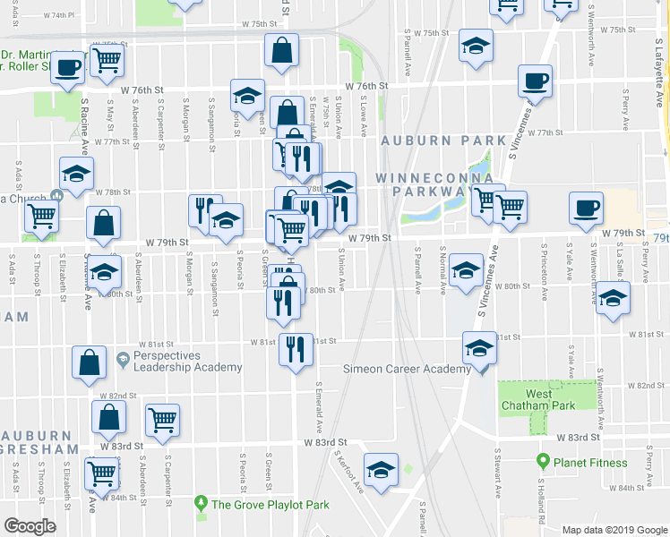 map of restaurants, bars, coffee shops, grocery stores, and more near 7940 South Union Avenue in Chicago