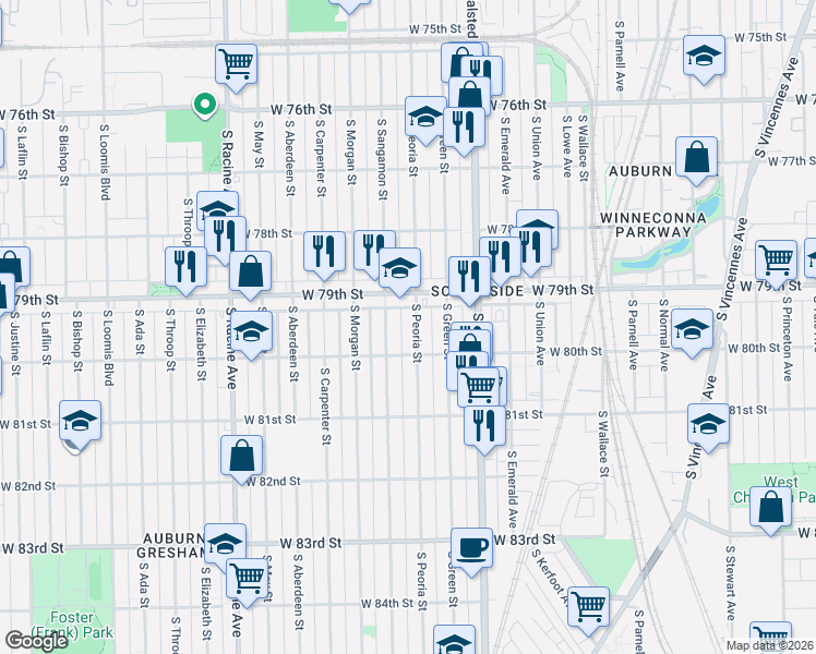 map of restaurants, bars, coffee shops, grocery stores, and more near 7932 South Peoria Street in Chicago