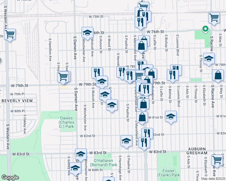 map of restaurants, bars, coffee shops, grocery stores, and more near 7928 South Hermitage Avenue in Chicago