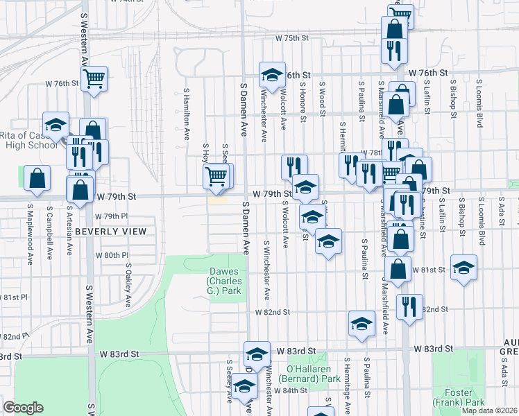 map of restaurants, bars, coffee shops, grocery stores, and more near 7920 South Winchester Avenue in Chicago