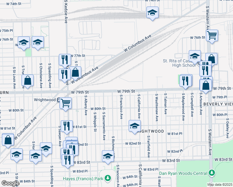 map of restaurants, bars, coffee shops, grocery stores, and more near 7901 South Richmond Street in Chicago