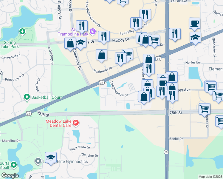 map of restaurants, bars, coffee shops, grocery stores, and more near 4122 Longmeadow Drive in Aurora