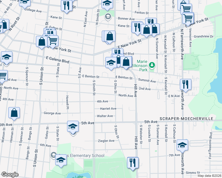 map of restaurants, bars, coffee shops, grocery stores, and more near 959 2nd Avenue in Aurora