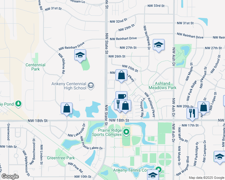 map of restaurants, bars, coffee shops, grocery stores, and more near 2208 Northwest Bayberry Lane in Ankeny