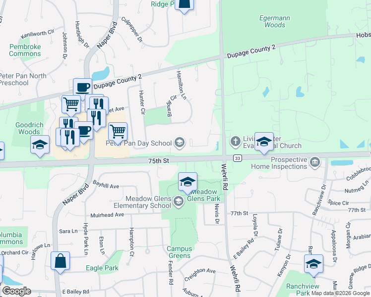 map of restaurants, bars, coffee shops, grocery stores, and more near 1280 Stonebriar Ct in Naperville