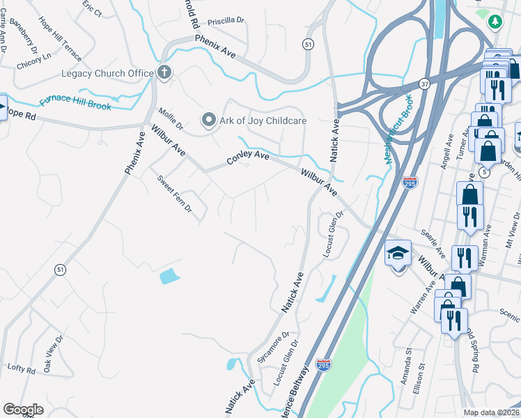 map of restaurants, bars, coffee shops, grocery stores, and more near 18 Ridgevale Court in Cranston
