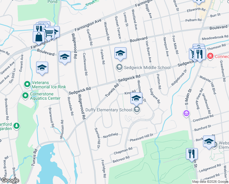 map of restaurants, bars, coffee shops, grocery stores, and more near 3 Spring Lane in West Hartford