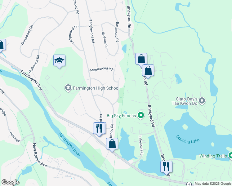 map of restaurants, bars, coffee shops, grocery stores, and more near 4 Thornwood Lane in Farmington