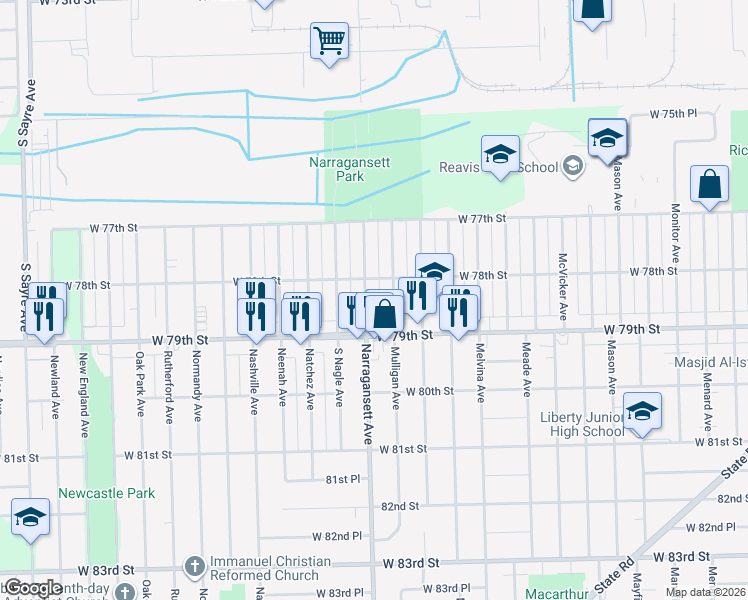 map of restaurants, bars, coffee shops, grocery stores, and more near 7819 Narragansett Avenue in Burbank