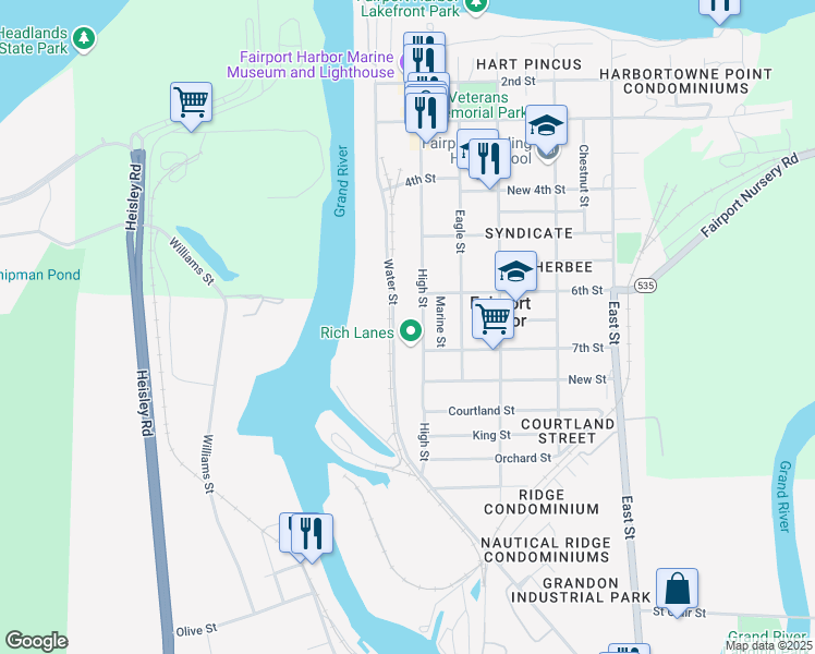 map of restaurants, bars, coffee shops, grocery stores, and more near 625 High Street in Fairport Harbor