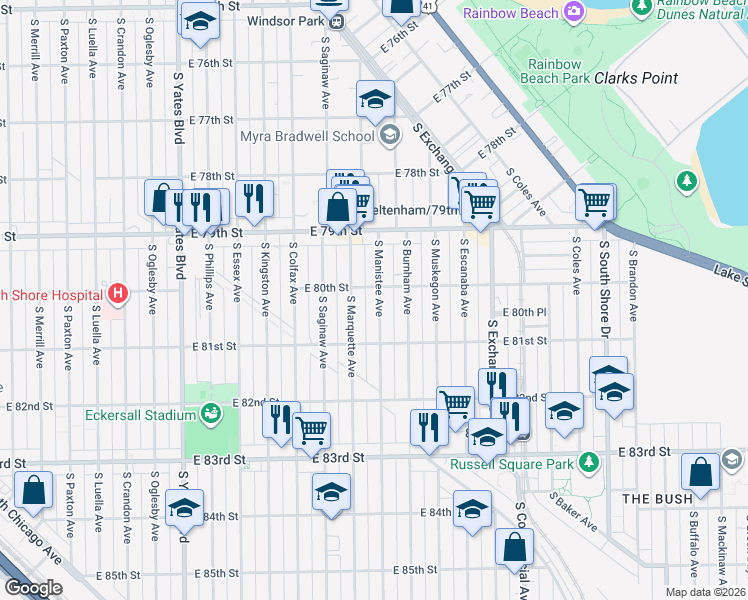 map of restaurants, bars, coffee shops, grocery stores, and more near 8012 South Manistee Avenue in Chicago