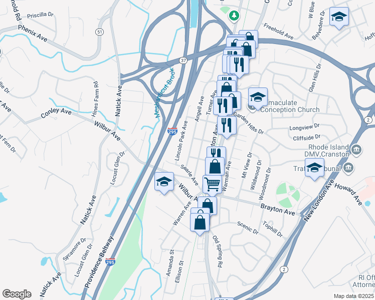map of restaurants, bars, coffee shops, grocery stores, and more near 34 Angell Avenue in Cranston