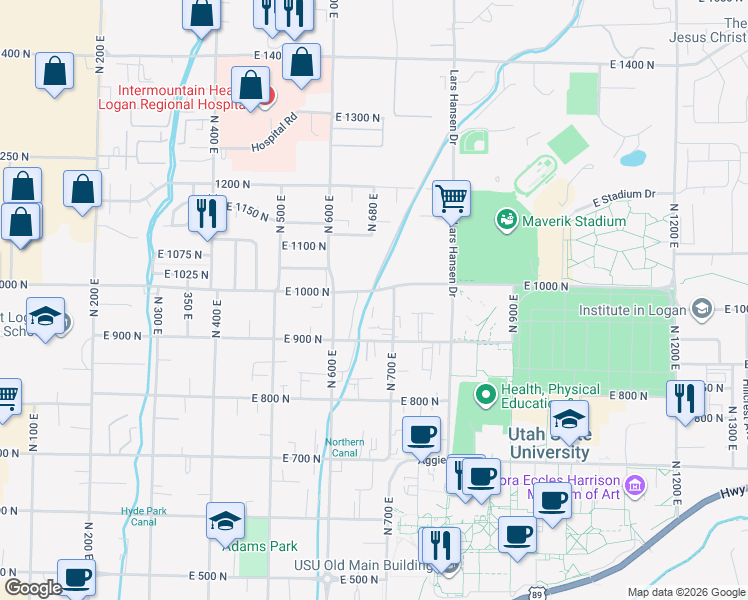 map of restaurants, bars, coffee shops, grocery stores, and more near 686 East 1000 North in Logan