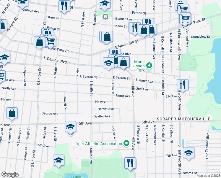 map of restaurants, bars, coffee shops, grocery stores, and more near 959 2nd Avenue in Aurora
