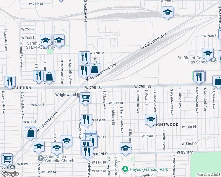 map of restaurants, bars, coffee shops, grocery stores, and more near 7906 South Whipple Street in Chicago