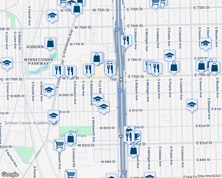 map of restaurants, bars, coffee shops, grocery stores, and more near 7943 South Perry Avenue in Chicago