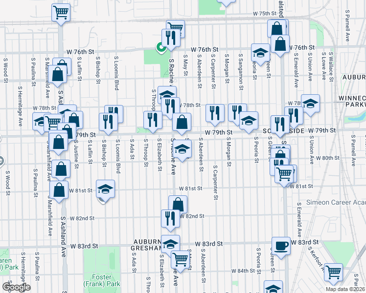 map of restaurants, bars, coffee shops, grocery stores, and more near 7926 South May Street in Chicago