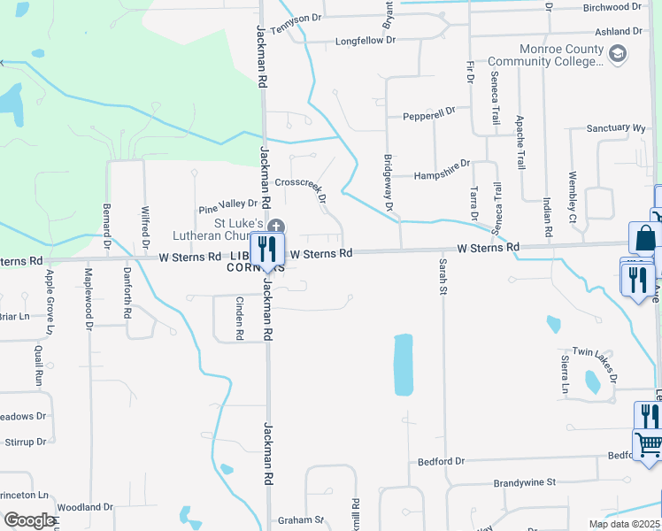 map of restaurants, bars, coffee shops, grocery stores, and more near 1623 West Sterns Road in Temperance