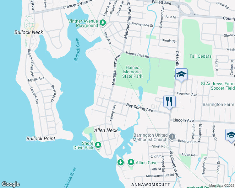 map of restaurants, bars, coffee shops, grocery stores, and more near 147 Bay Spring Avenue in Barrington