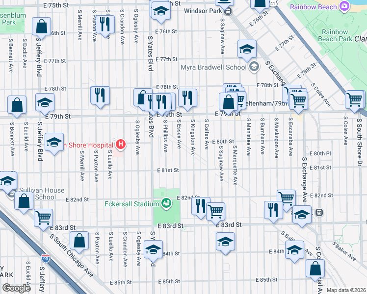 map of restaurants, bars, coffee shops, grocery stores, and more near 8016 South Essex Avenue in Chicago