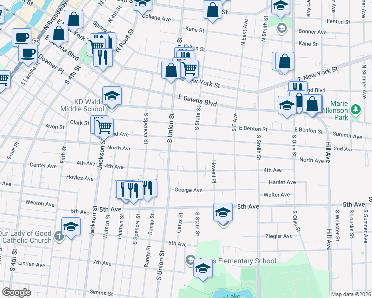 map of restaurants, bars, coffee shops, grocery stores, and more near 724 North Avenue in Aurora