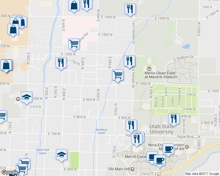 map of restaurants, bars, coffee shops, grocery stores, and more near 686 East 1000 North in Logan