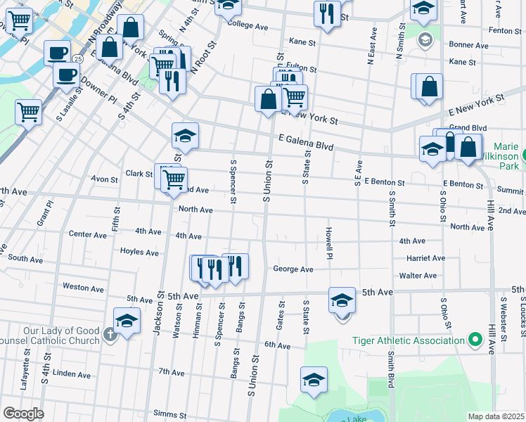 map of restaurants, bars, coffee shops, grocery stores, and more near 636 North Avenue in Aurora