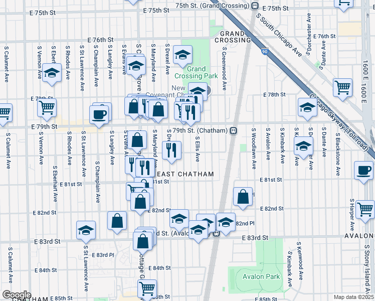 map of restaurants, bars, coffee shops, grocery stores, and more near 914 East 80th Street in Chicago