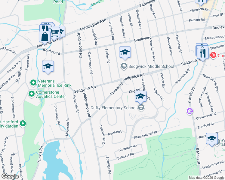 map of restaurants, bars, coffee shops, grocery stores, and more near 32 Tunxis Road in West Hartford