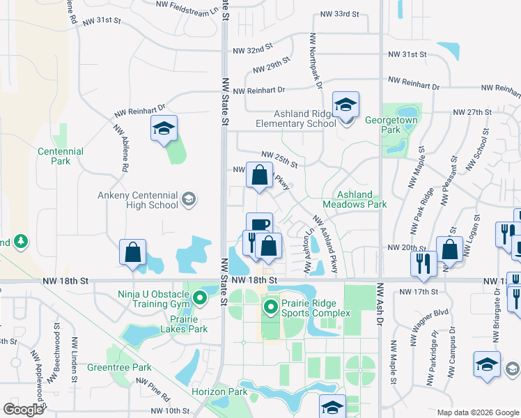 map of restaurants, bars, coffee shops, grocery stores, and more near 2208 Northwest Bayberry Lane in Ankeny
