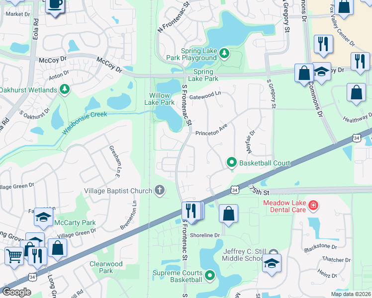 map of restaurants, bars, coffee shops, grocery stores, and more near 291 Park Ridge Lane in Aurora