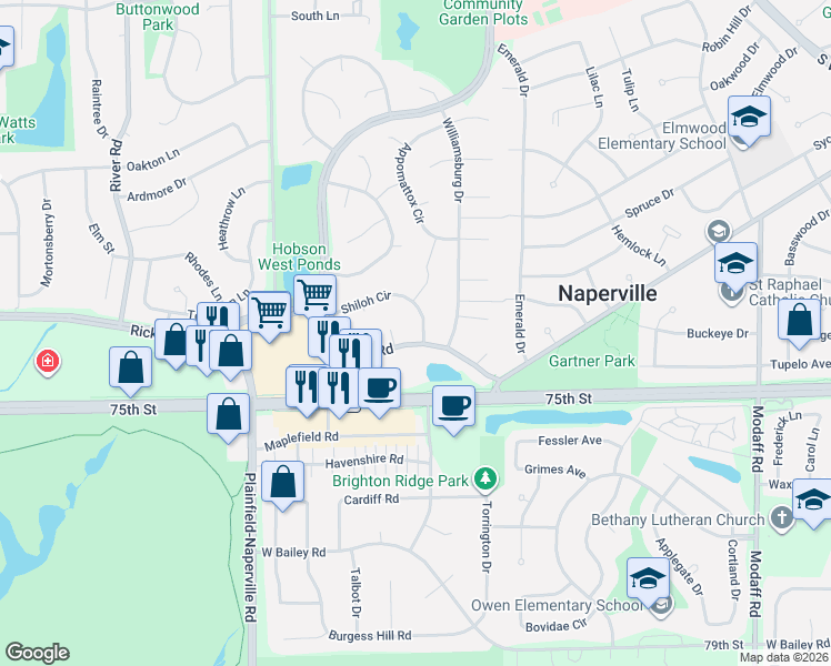 map of restaurants, bars, coffee shops, grocery stores, and more near 800 Shiloh Circle in Naperville