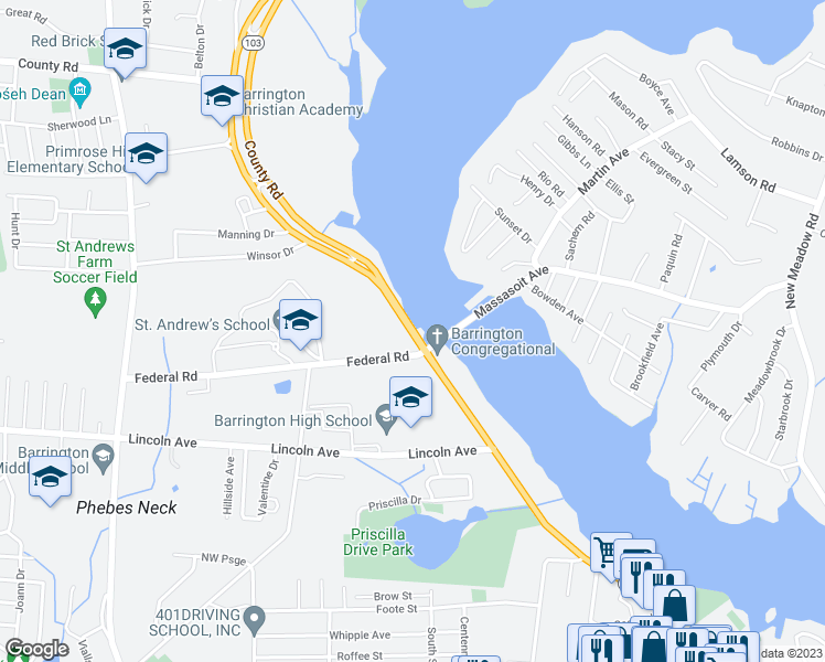 map of restaurants, bars, coffee shops, grocery stores, and more near County Road in Barrington