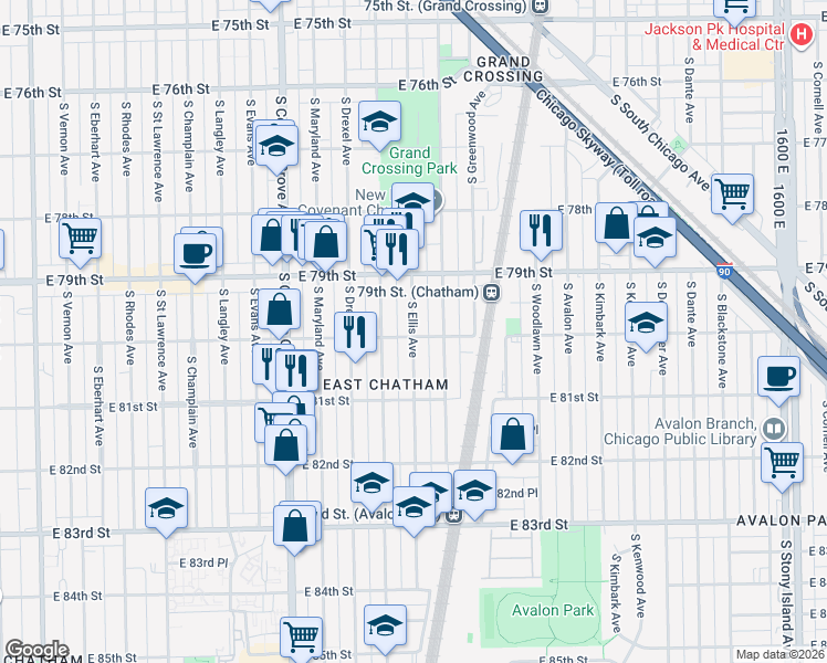 map of restaurants, bars, coffee shops, grocery stores, and more near 7959 South Ellis Avenue in Chicago