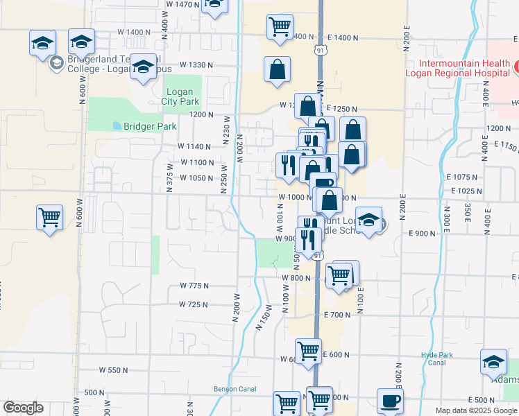 map of restaurants, bars, coffee shops, grocery stores, and more near 987 North 150 West in Logan
