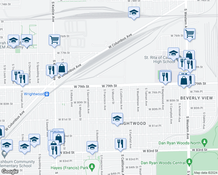 map of restaurants, bars, coffee shops, grocery stores, and more near 2845 West 79th Street in Chicago