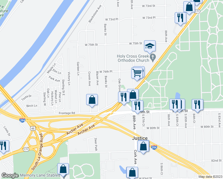 map of restaurants, bars, coffee shops, grocery stores, and more near 8836 Amelia Court in Justice