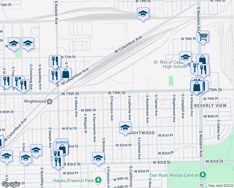 map of restaurants, bars, coffee shops, grocery stores, and more near 2843 West 79th Street in Chicago