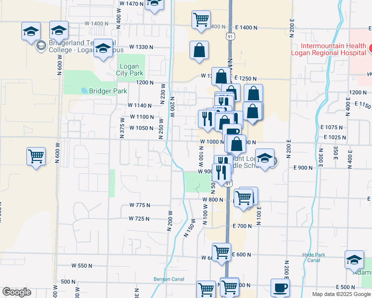 map of restaurants, bars, coffee shops, grocery stores, and more near 1650 North 150 West in Logan