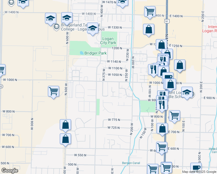 map of restaurants, bars, coffee shops, grocery stores, and more near 952 North 350 West in Logan