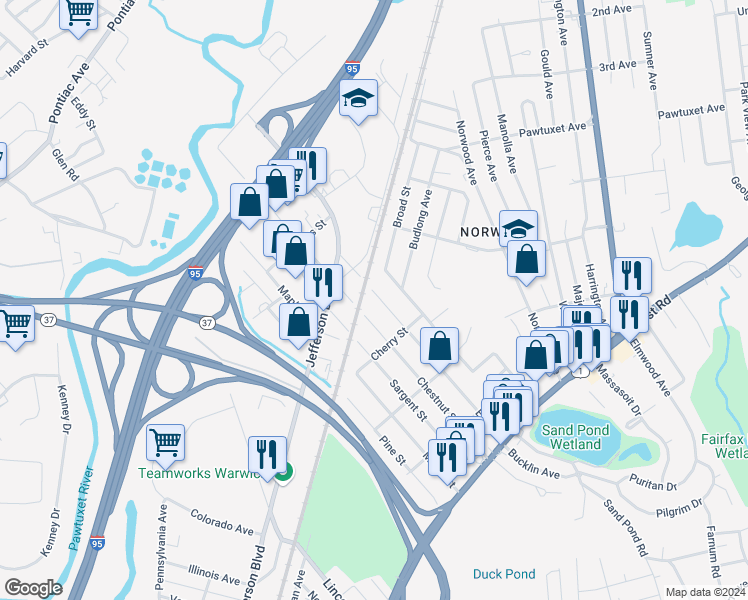 map of restaurants, bars, coffee shops, grocery stores, and more near 263 Elm Street in Warwick