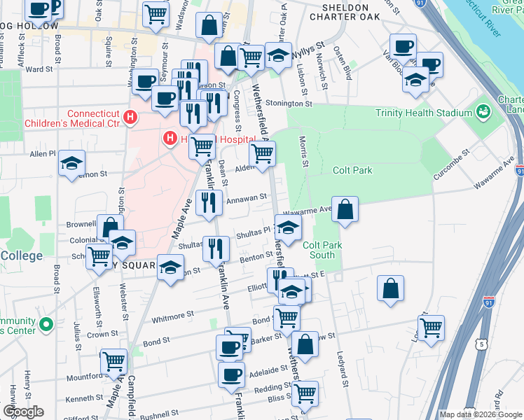 map of restaurants, bars, coffee shops, grocery stores, and more near 223 Wethersfield Avenue in Hartford
