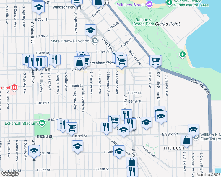 map of restaurants, bars, coffee shops, grocery stores, and more near 8017 South Muskegon Avenue in Chicago