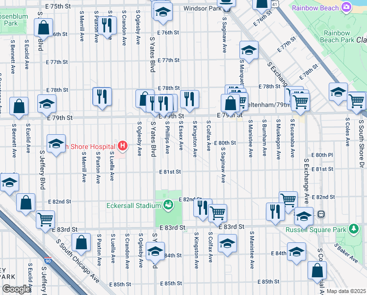map of restaurants, bars, coffee shops, grocery stores, and more near 8016 South Essex Avenue in Chicago